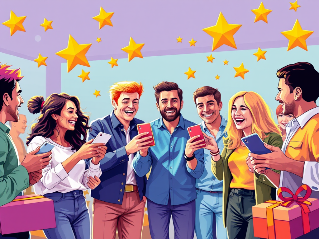 Blije klanten delen producten omringd door sterren en cadeaus.