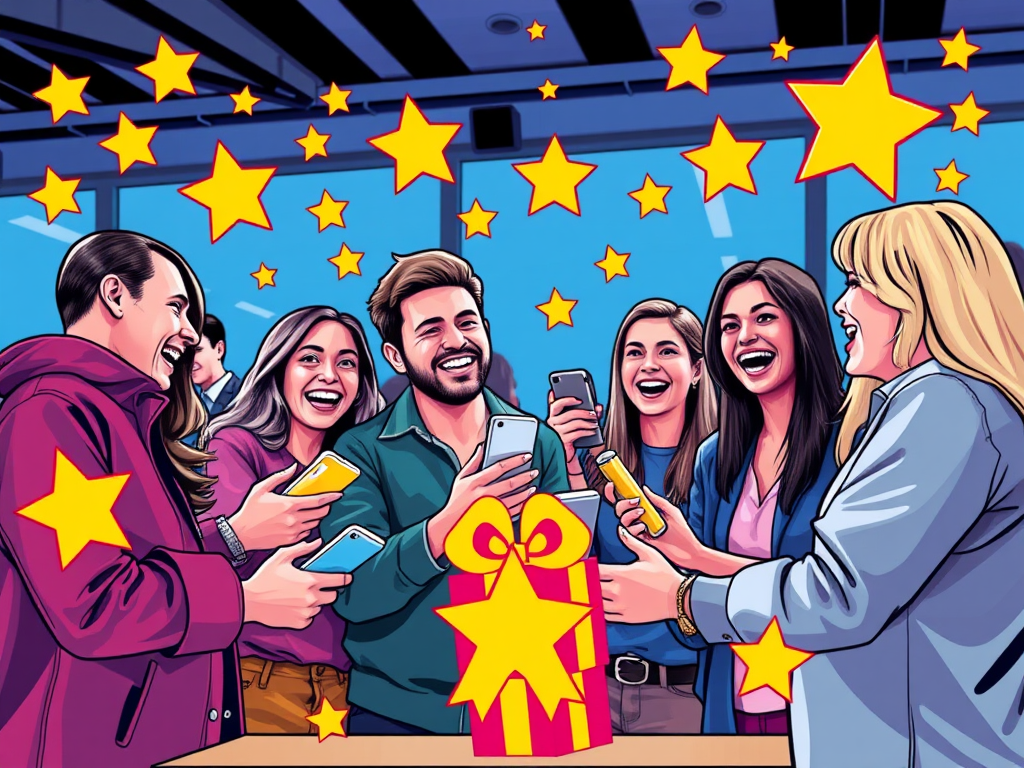 Blije klanten delen producten met sterren en geschenken.