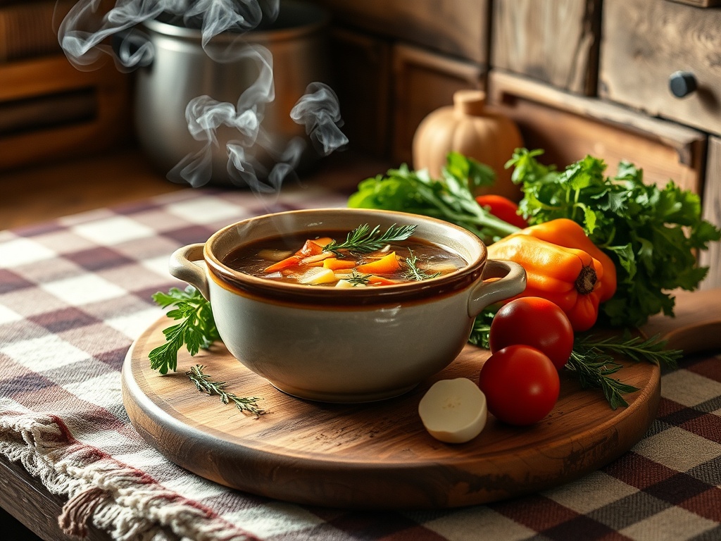 "Cozy kitchen scene" "Steam rising from ceramic bowl of vegetable soup" "Fresh vegetables and herbs on wooden board" "Warm lighting, rustic table, soft plaid"