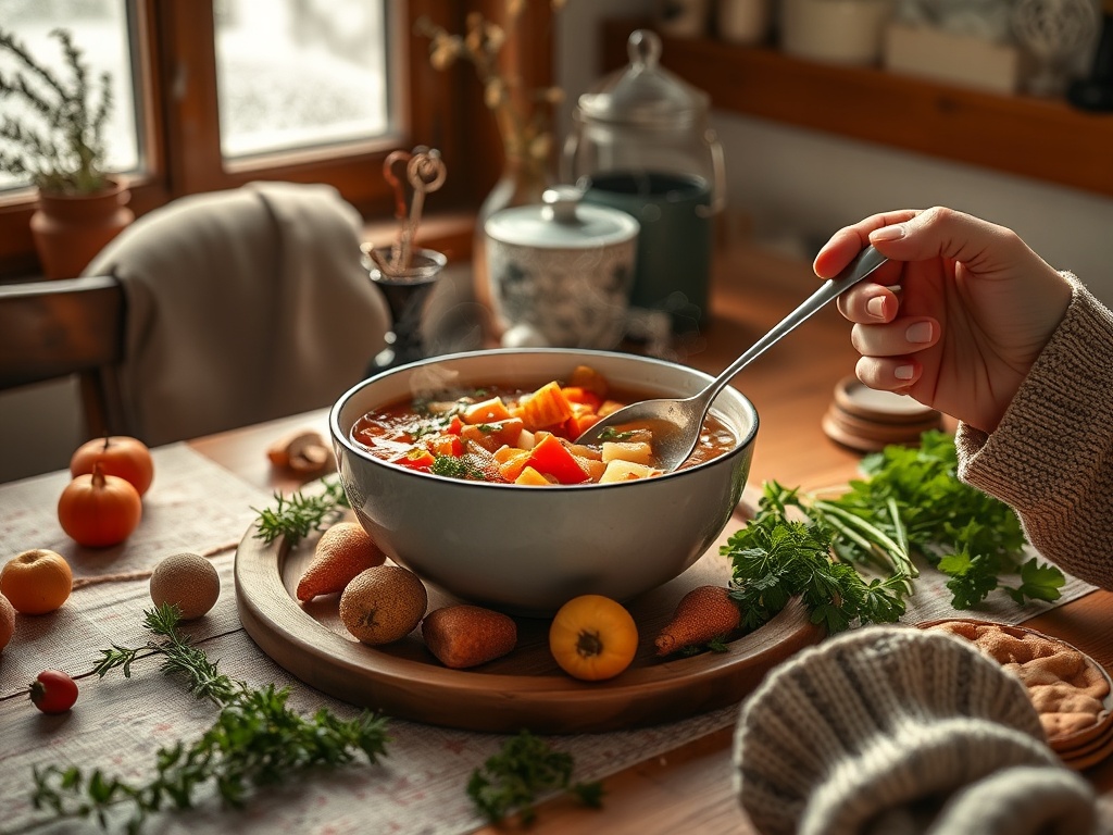 "Cozy kitchen table" "steaming bowl of vegetable stew" "fresh herbs, root vegetables scattered" "soft winter light through frosted window" "warm hands holding spoon"