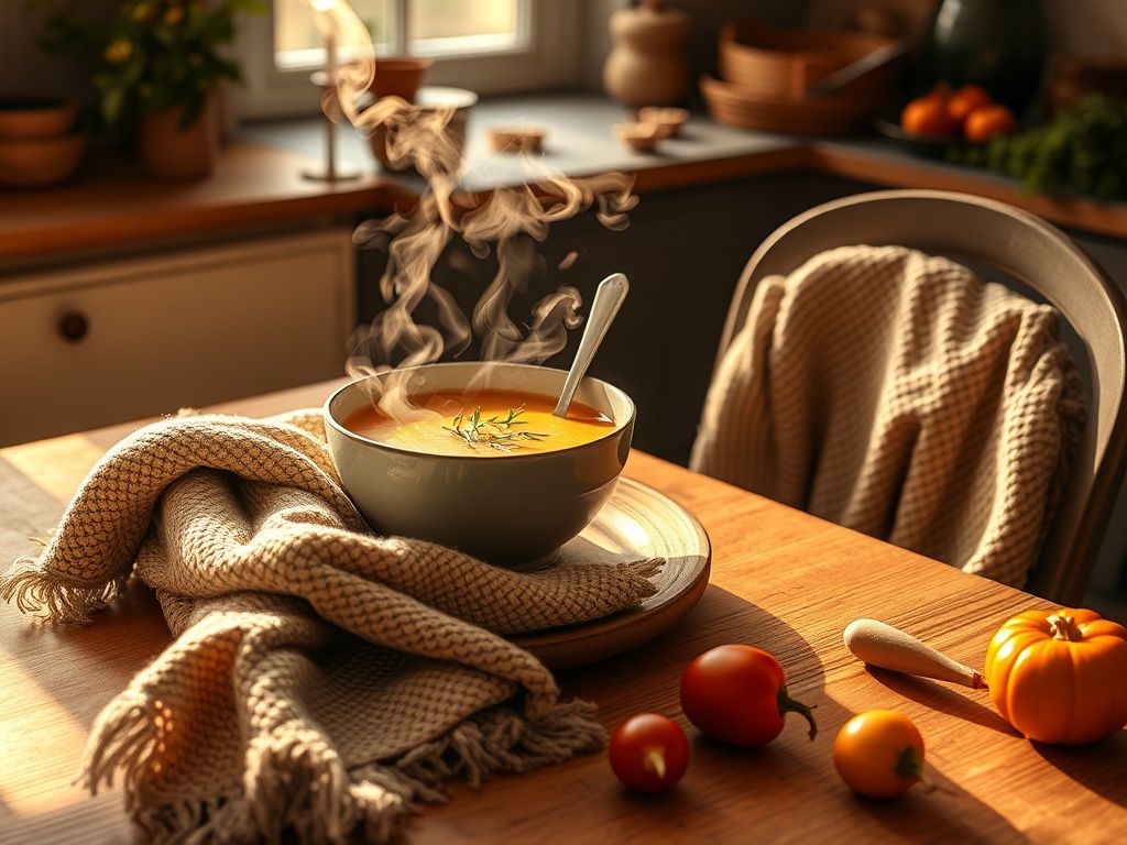 "cozy kitchen table" " steaming bowl of soup with herbs" "soft woolen blanket draped over chair" "warm golden lighting" "seasonal vegetables scattered"