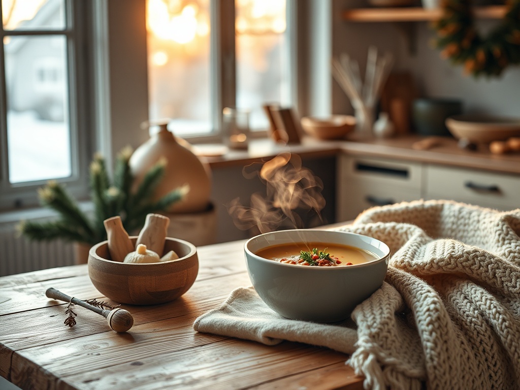 "Cozy winter kitchen" "steaming bowl of glutenfree soup" "warm wooden table" "soft wool blanket draped" "gentle golden light"