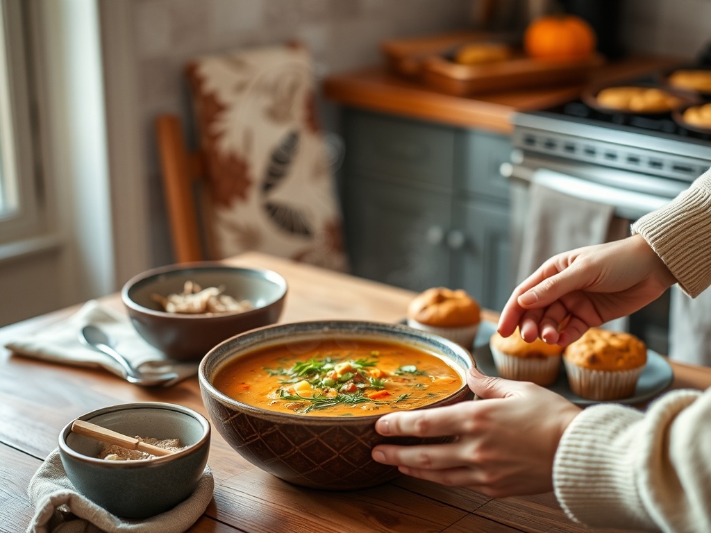 "cozy kitchen table" "steaming bowl of soup" "rustic oven dish" "gluten‑free muffins" "soft natural light" "warm autumnal palette" "gentle hands serving"