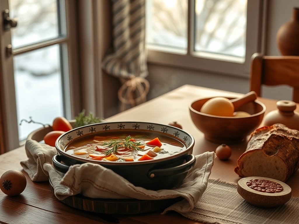"cozy kitchen table" "steaming bowl of soup, rustic bread, vegetables" "soft winter light through window" "warm earthy colors, inviting composition"