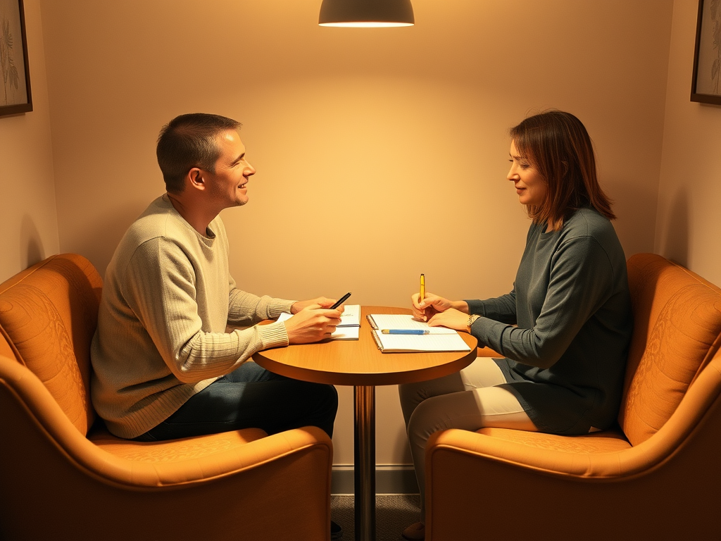 "intimate cozy room" "two people sitting face-to-face at a small table" "warm lighting" "open notebooks and pens on table" "expressive engaged faces" "calm, supportive atmosphere" "soft background with comfortable chairs"