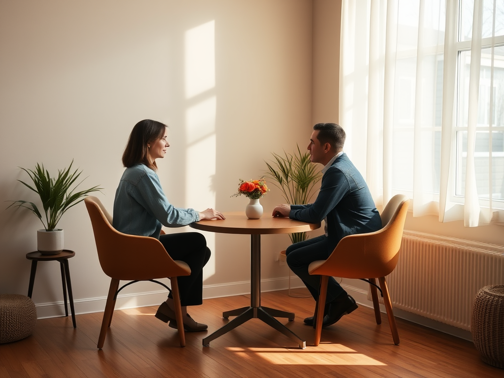 A warm, inviting room with two people sitting opposite each other at a small round table, soft natural light, calm atmosphere, attentive listening, supportive interaction.