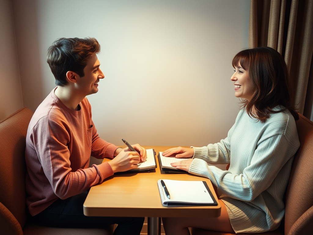 "intimate cozy room" "two people sitting face-to-face at a small table" "warm lighting" "open notebooks and pens on table" "expressive engaged faces" "calm, supportive atmosphere" "soft background with comfortable chairs"