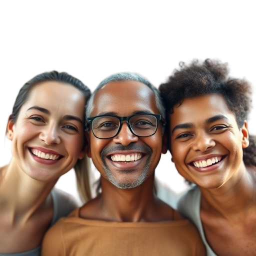 A diverse group of three smiling people, relaxed expressions, natural lighting, soft focus background, warm tones, friendly and approachable faces.