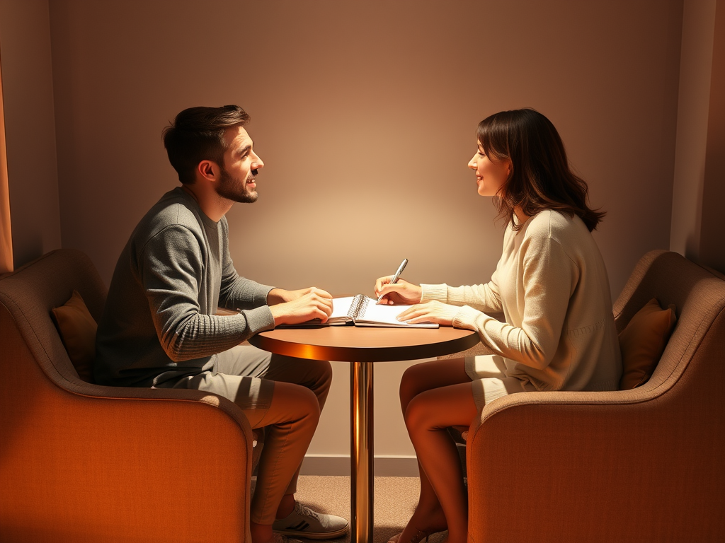 "intimate cozy room" "two people sitting face-to-face at a small table" "warm lighting" "open notebooks and pens on table" "expressive engaged faces" "calm, supportive atmosphere" "soft background with comfortable chairs"