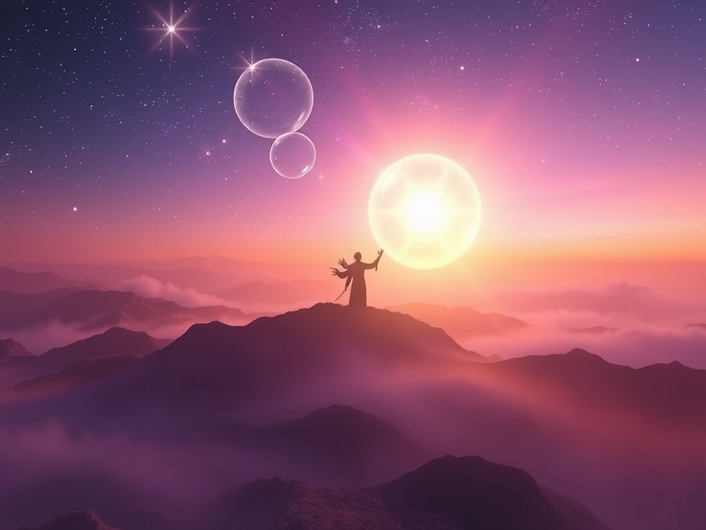 "Een mystic cosmic landscape" "glowing primordial energy orb" "silhouetted figure reaching out" "soft violet and gold palette"