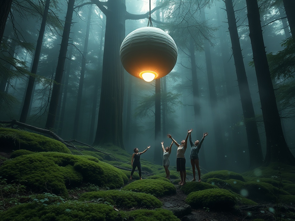 "Surreal forest clearing" "gigantic glowing seed suspended above moss" "diverse people barefoot reaching, eyes closed" "mist, bioluminescent spores"