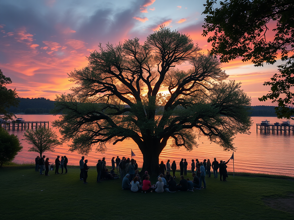 Mensen verzamelen zich rond een grote vredesboom bij zonsondergang.