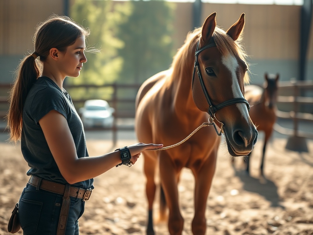 "A calm young horse handler stands beside a horse in a sunlit arena, offering a hand for trust; three blurred training themes