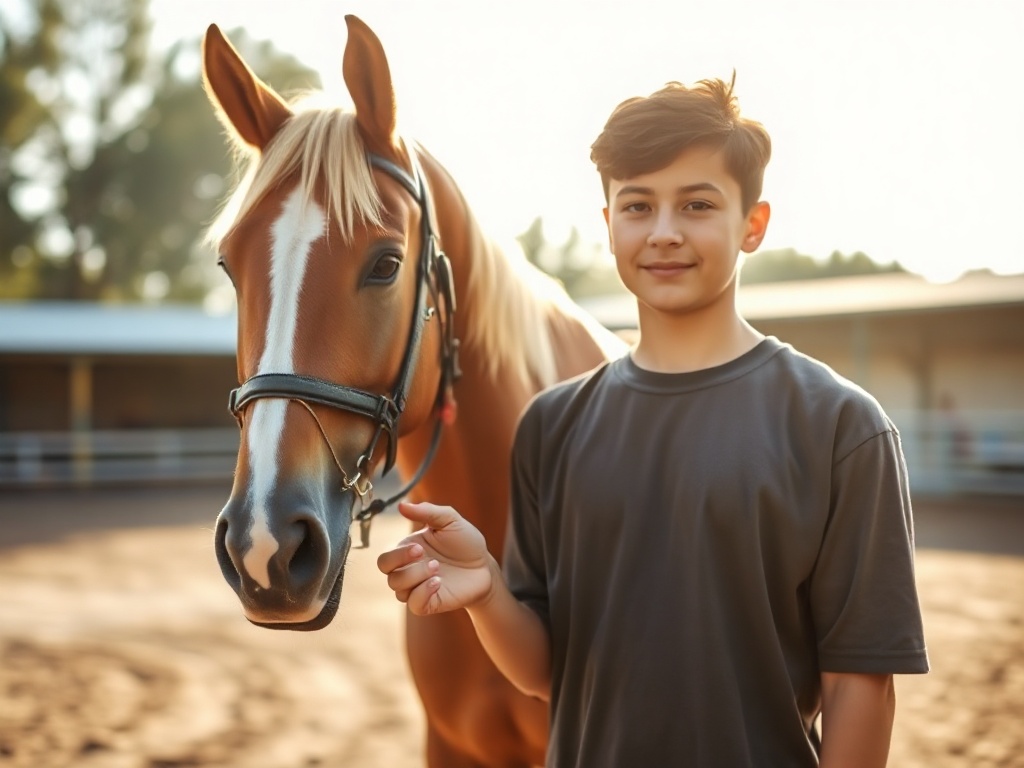 "A calm young horse handler stands beside a horse in a sunlit arena, offering a hand for trust; three blurred training themes