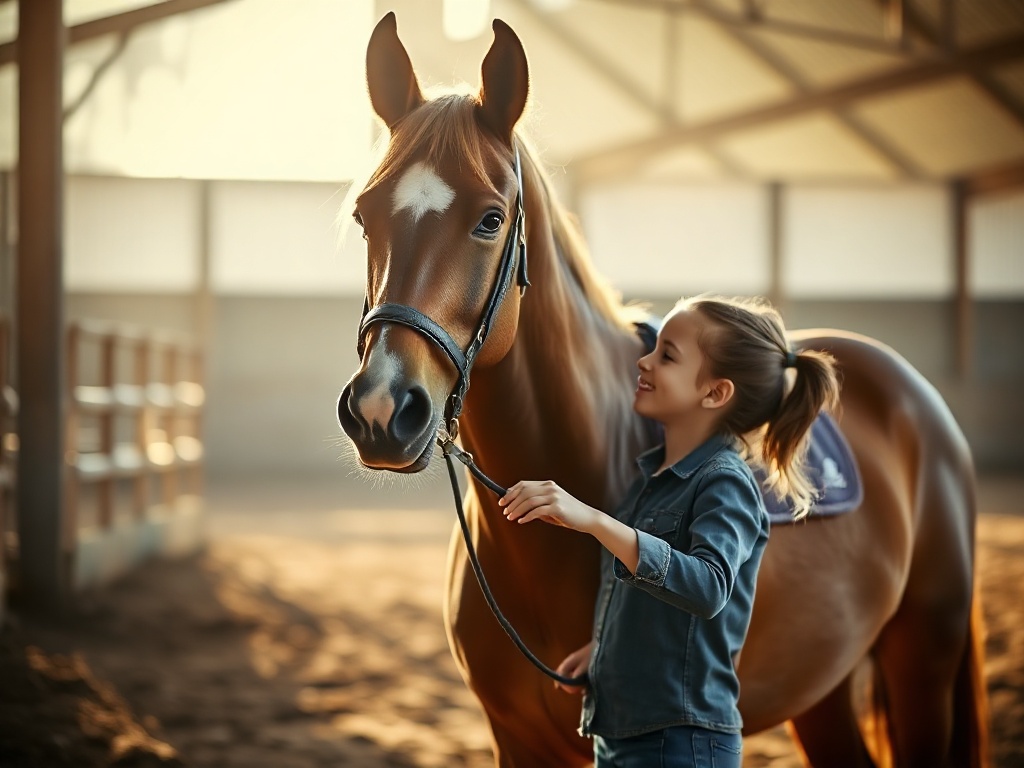 "A calm young horse handler stands beside a horse in a sunlit arena, offering a hand for trust; three blurred training themes