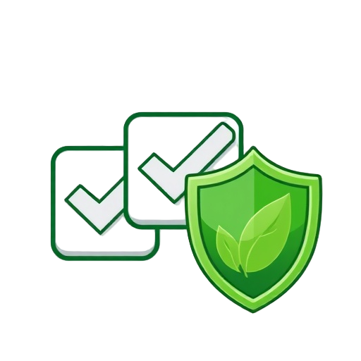 Carefully describe an image in great detail that needs to be generate, use quotes to split visual things. You MAY only use up to 3 words. "Three stacked checkmarks" "Green energy bolt" "Leaf shield"