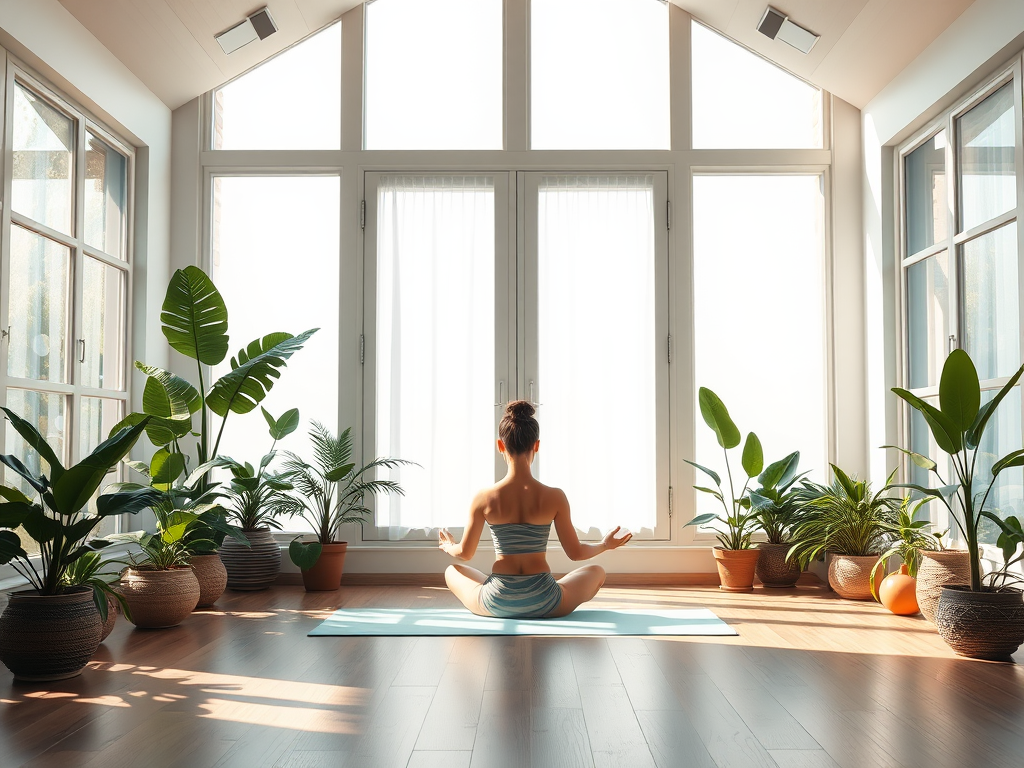 Een persoon mediteert in een rustgevende yogastudio.
