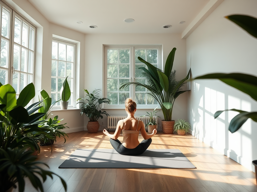 Een persoon mediteert in een serene yogastudio.