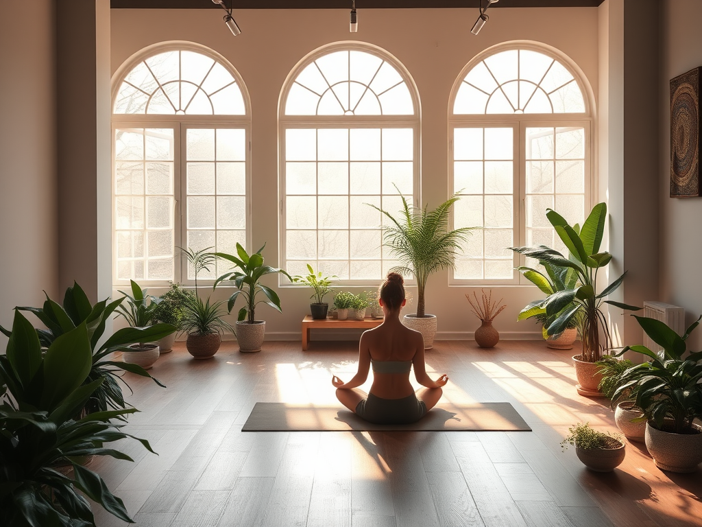 Een rustige yogastudio met planten en zacht licht.