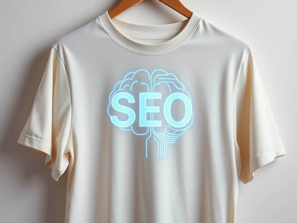 A sleek, modern "SEO brain" concept shirt hanging on a wooden hanger, soft fabric texture, subtle digital circuit patterns glowing faintly.