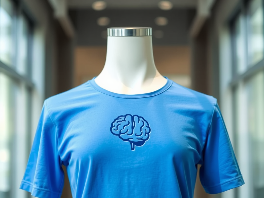 A sleek, modern t-shirt on a mannequin, soft fabric texture, vibrant blue color, subtle SEO brain icon embossed, professional yet casual style.