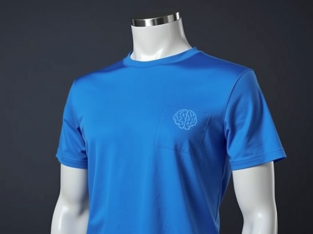 A sleek, modern t-shirt on a mannequin, soft fabric texture, vibrant blue color, subtle SEO brain icon embossed, professional yet casual style.
