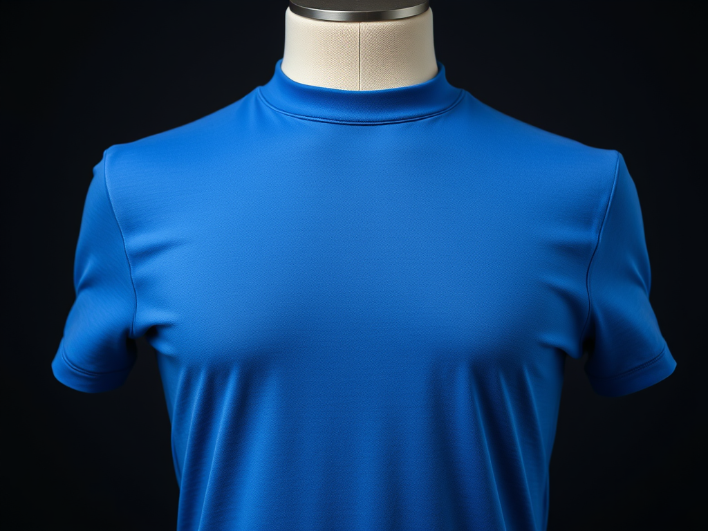 A sleek, modern t-shirt on a mannequin, soft fabric texture, vibrant blue color, subtle SEO brain icon embossed, professional yet casual style.