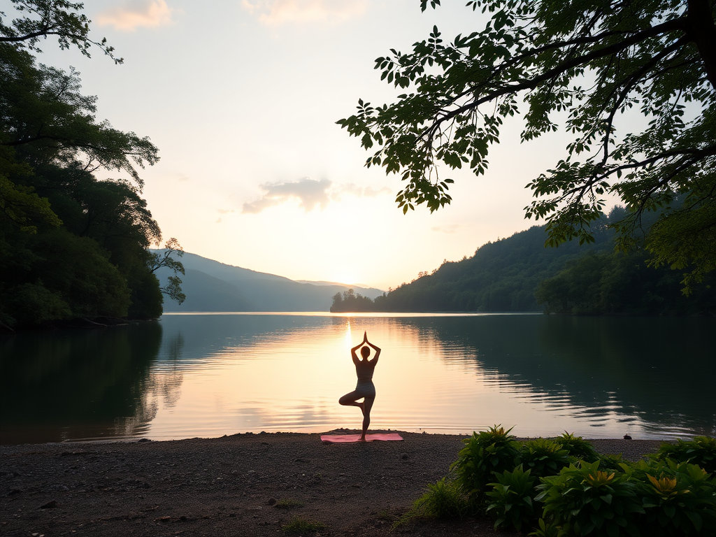 Een persoon doet yoga aan een rustige meer bij zonsopgang.