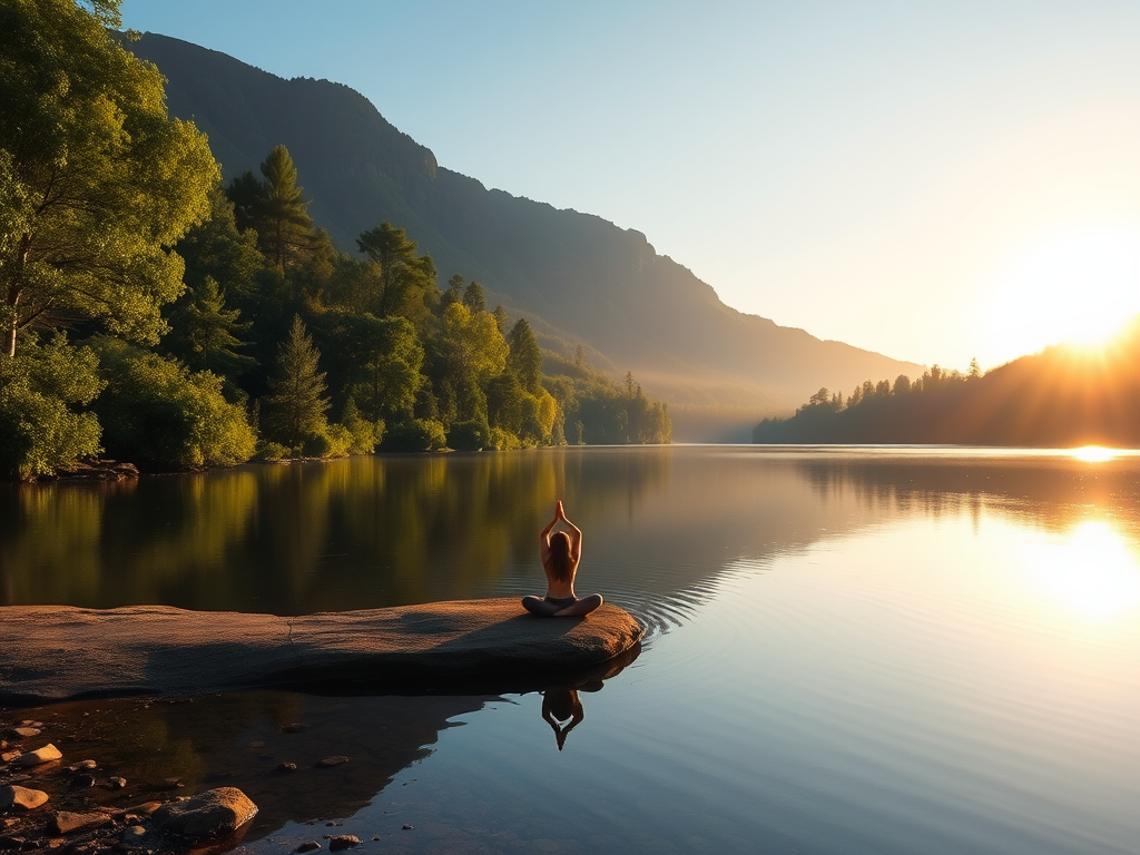 Een persoon doet yoga aan een rustige meer bij zonsopgang.