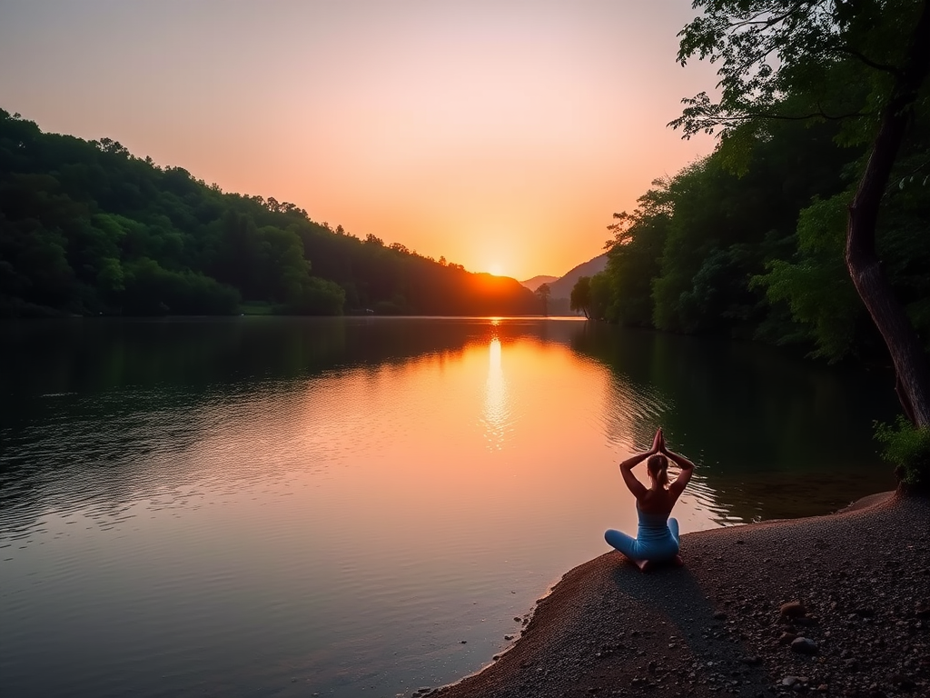 Een persoon doet yoga aan een serene meer bij zonsopgang.