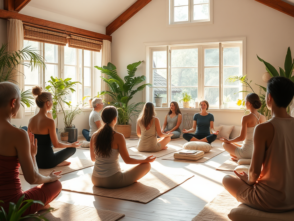 Een serene workshop met diverse mensen die ademhalingstechnieken oefenen.