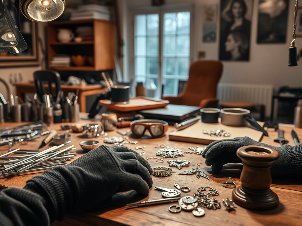 Een gezellige sieradenwerkplaats met gereedschap en beschermende uitrusting.