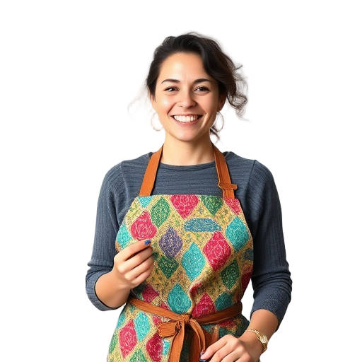 Een glimlachende persoon met een kleurr apron op.