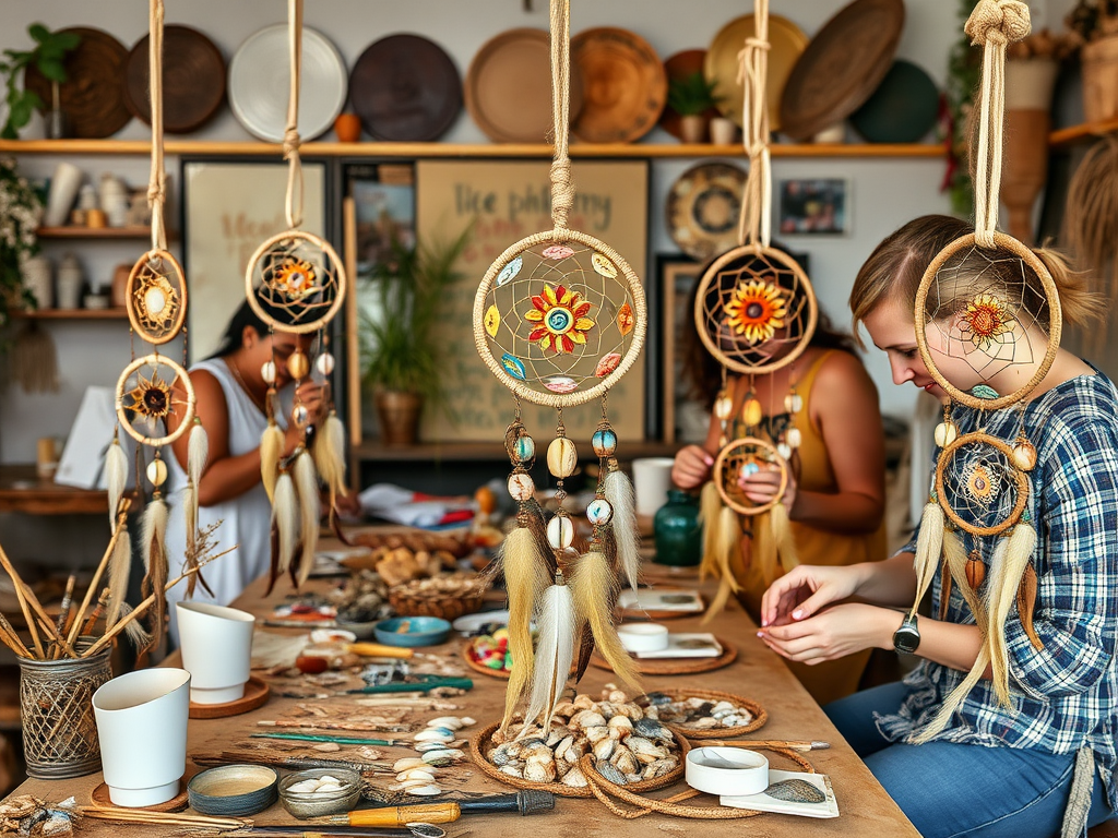 Een kleurrijke workshop met mensen die dromenvangers maken.