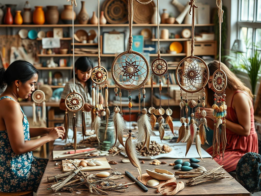 Een kleurrijke workshop met mensen die dromenvangers maken.
