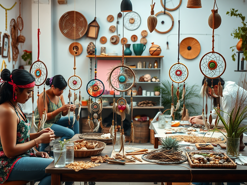 Een kleurrijke workshop met mensen die dromenvangers maken.