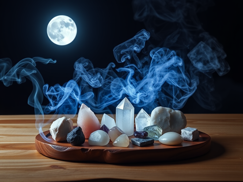 "a serene night scene" "full moon glowing brightly" "crystals arranged on a natural wooden altar" "smoke from sage smudging gently rising" "soft blue and silver moonlight illuminating the stones" "peaceful, spiritual atmosphere"