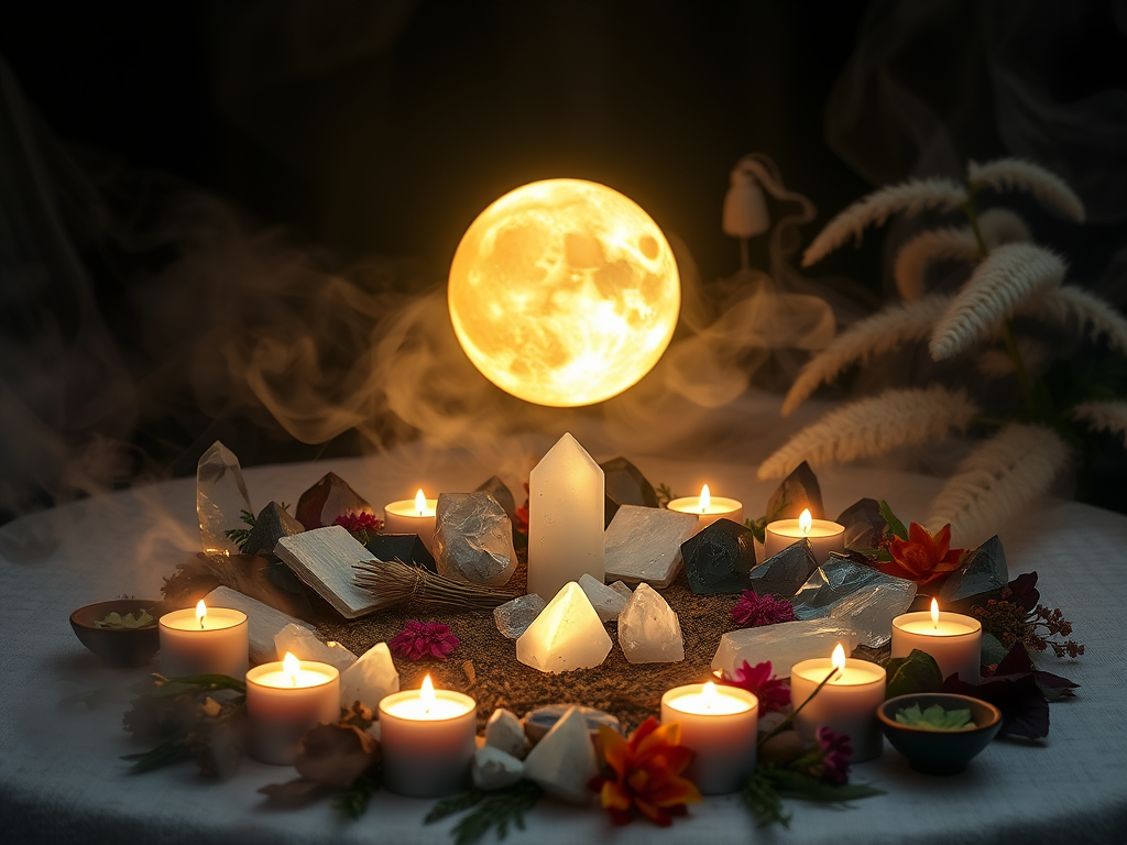"a serene full moon glowing brightly" "crystals arranged in a circular altar" "smoke gently rising from smudging herbs" "soft candlelight illuminating a peaceful ritual setup" "natural elements like leaves and flowers surrounding the scene"