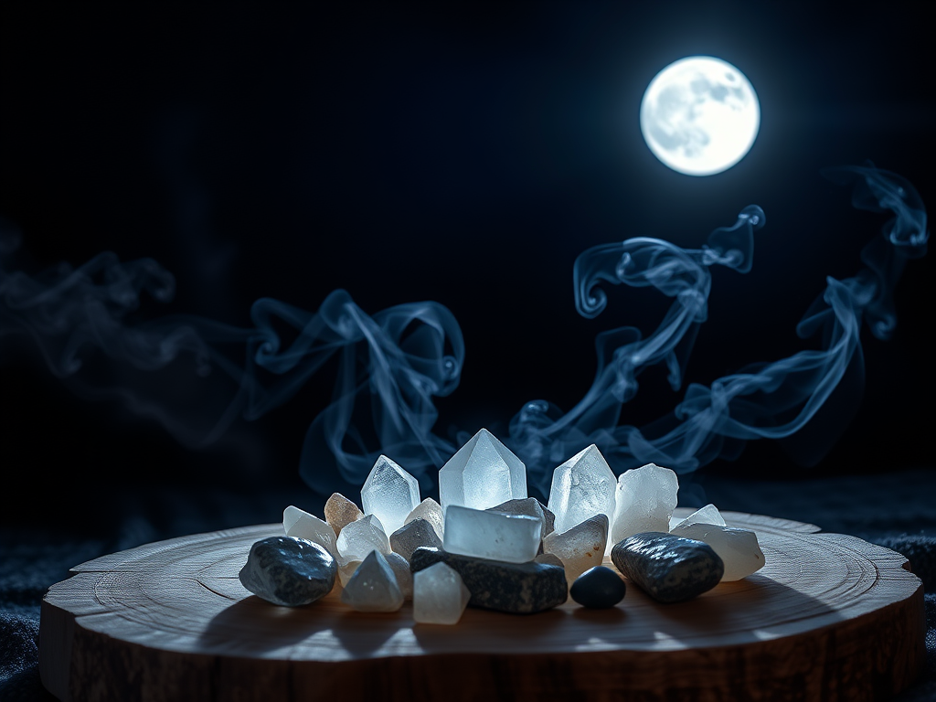 "a serene night scene" "full moon glowing brightly" "crystals arranged on a natural wooden altar" "smoke from sage smudging gently rising" "soft blue and silver moonlight illuminating the stones" "peaceful, spiritual atmosphere"