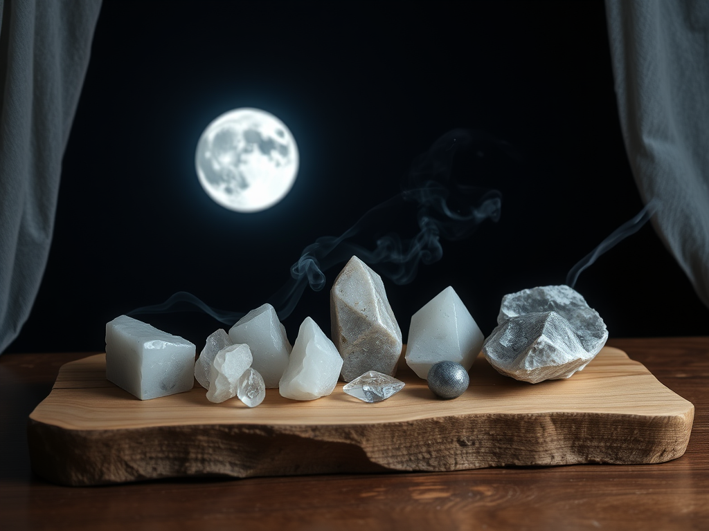 "a serene night scene" "full moon glowing brightly" "crystals arranged on a natural wooden altar" "smoke from sage smudging gently rising" "soft blue and silver moonlight illuminating the stones" "peaceful, spiritual atmosphere"