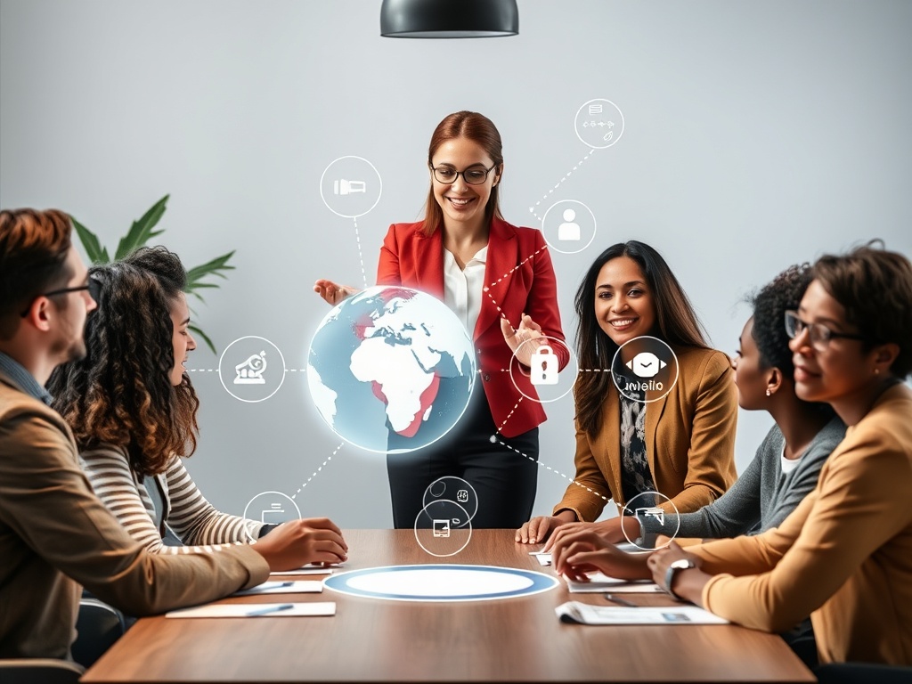“A confident female trainer guiding a small diverse HR team around a table, globe hologram, linked icons for tax, law, insurance, relocation.”