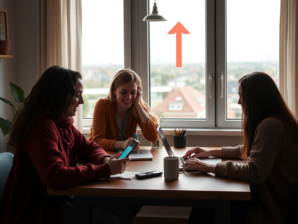 "warm diverse expats at a modern home desk, smartphone and laptop glowing softly, sharing links, subtle Netherlands-like landscape through window, upward arrow motif, hopeful atmosphere" "use natural light, friendly colors"