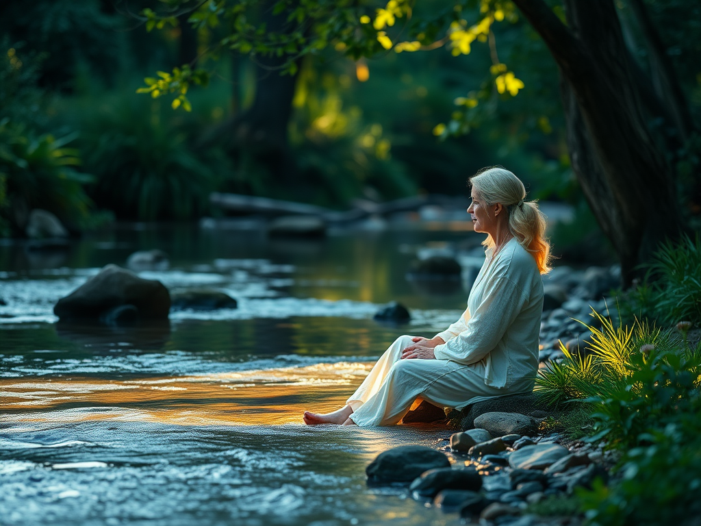 A calm, serene therapist sitting peacefully "in nature by a flowing stream" surrounded by soft glowing light, "symbolizing energy and authenticity," with gentle water reflections and lush greenery.