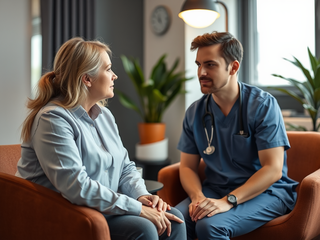 Professioneel counseling met arts en patiënt, comfortabele zithoek.