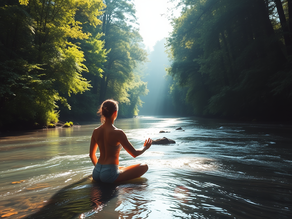 "calm river flowing through lush forest" "person meditating beside water" "soft sunlight filtering through trees" "gentle yoga poses in nature" "subtle energy waves around body" "breath flowing symbolically as light streams"