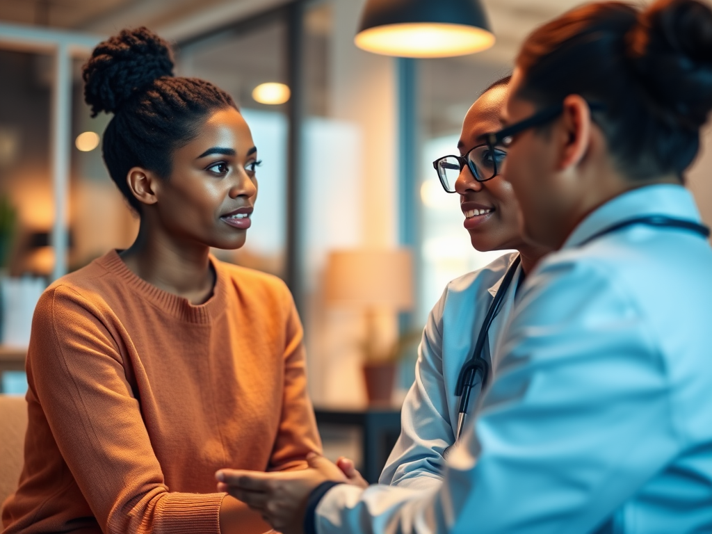Professioneel counseling met arts en zorgmedewerker in warm verlichte moderne kantoorruimte.