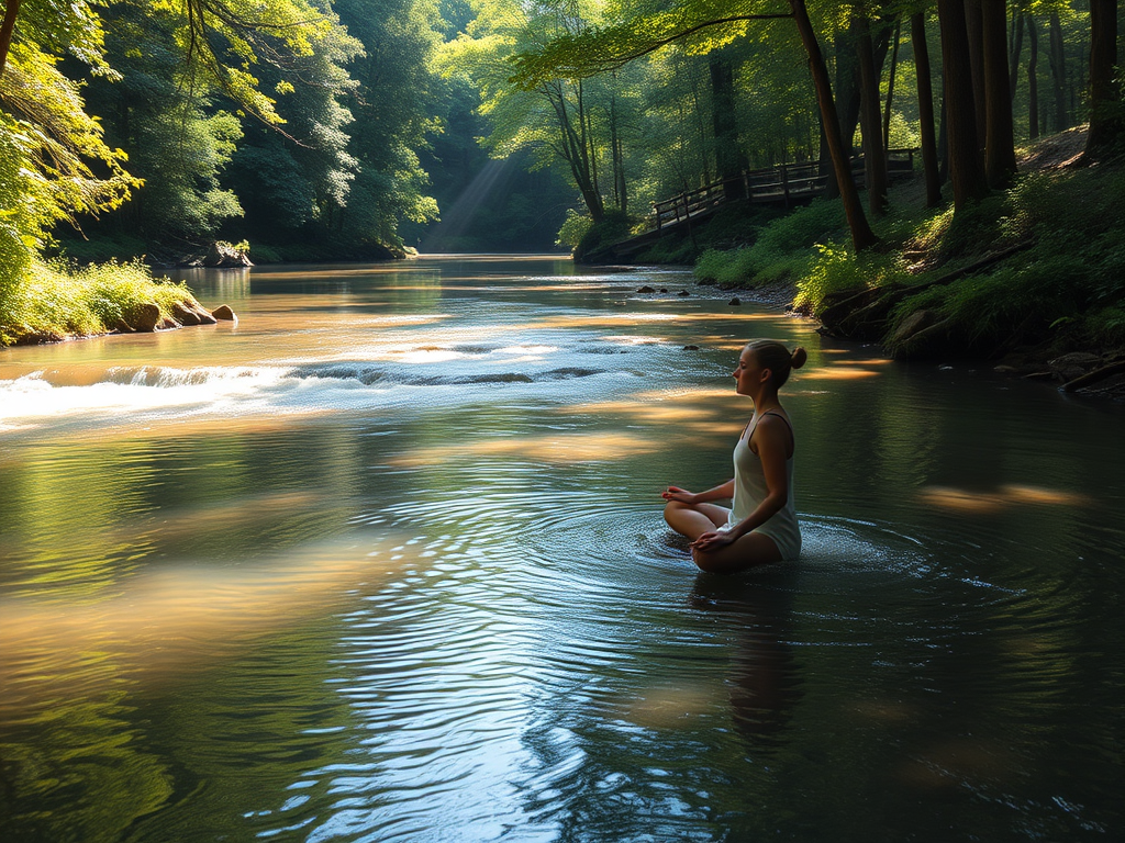 "calm river flowing through lush forest" "person meditating beside water" "soft sunlight filtering through trees" "gentle yoga poses in nature" "subtle energy waves around body" "breath flowing symbolically as light streams"