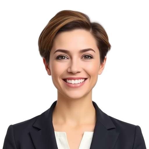 Vrouw glimlachend, witte achtergrond, professionele uitstraling.