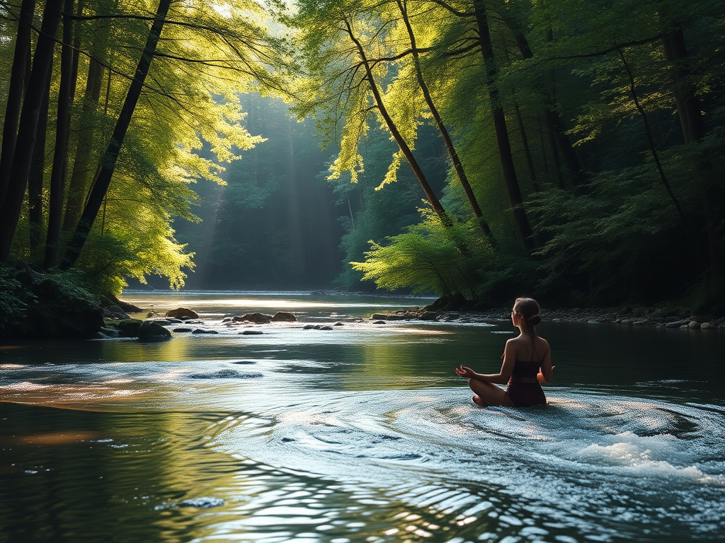 "calm river flowing through lush forest" "person meditating beside water" "soft sunlight filtering through trees" "gentle yoga poses in nature" "subtle energy waves around body" "breath flowing symbolically as light streams"