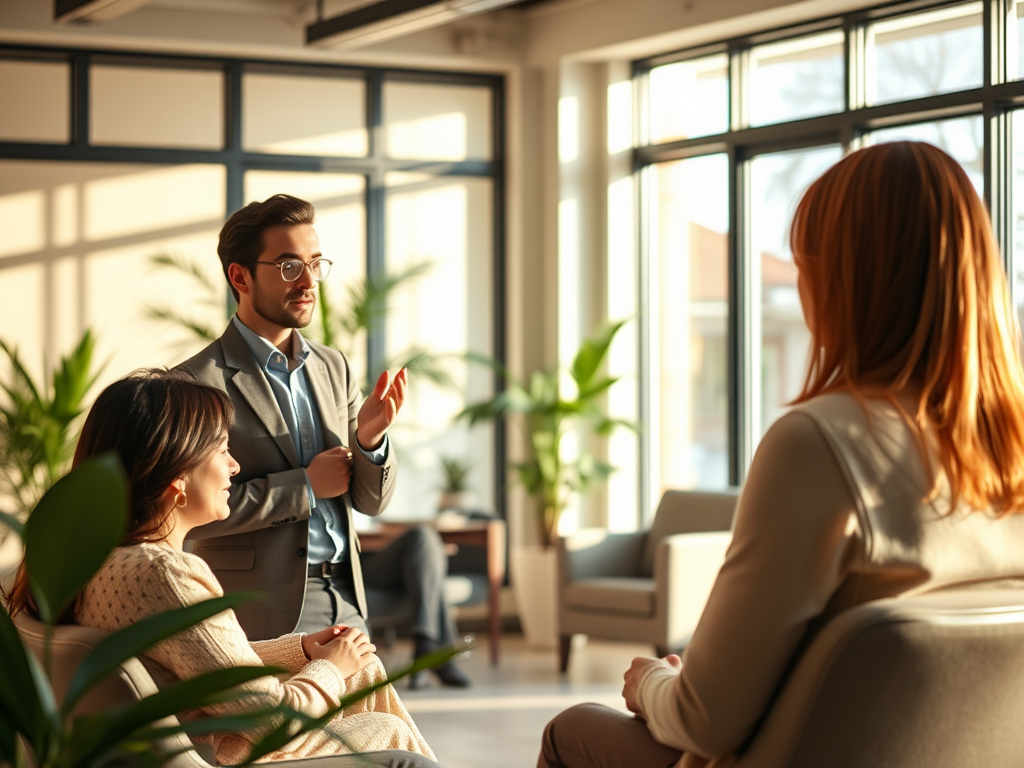 A serene professional setting with a confident person "speaking to a small group" in a warm, inviting room, "natural light filtering through large windows," subtle "green plants" around, and "soft, calming colors."